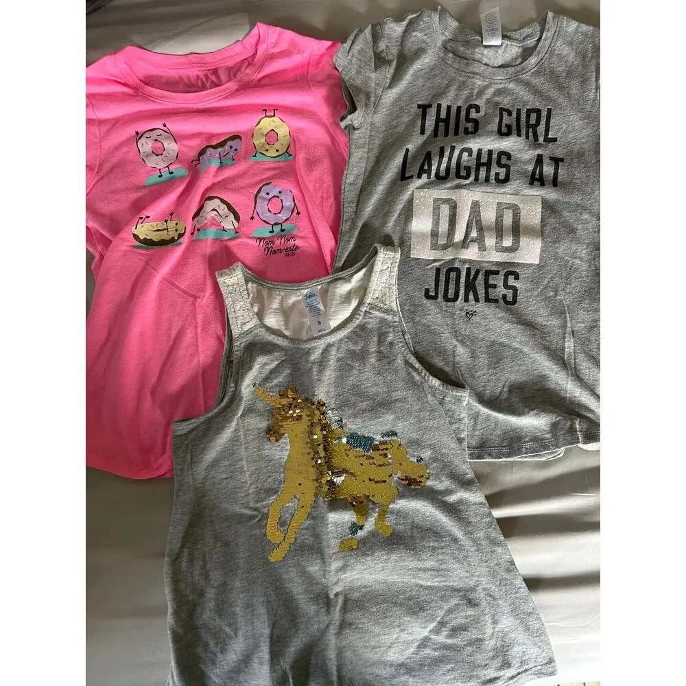 Justice pink donut shirt grey dad jokes grey flip sequin tank size 8